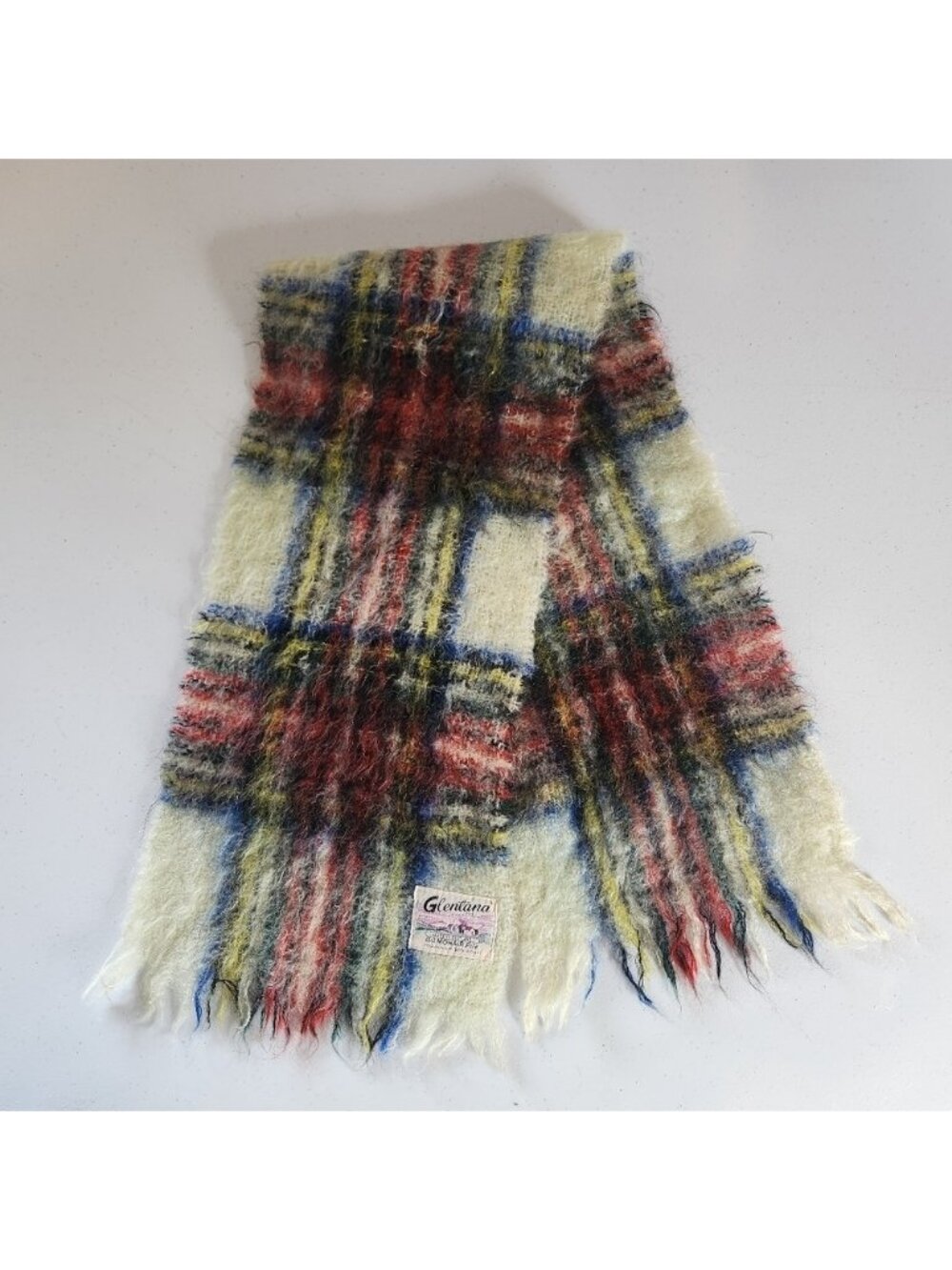 Vintage Mohair Wool Red White Green Plaid Fringe Scarf 40x8 Scotland Winter Mcm